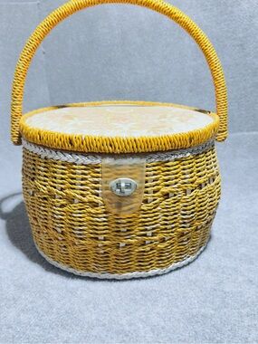 Vintage Wicker Sewing Basket Japan Craft Storage Yellow Retro Boho Cottagecore
